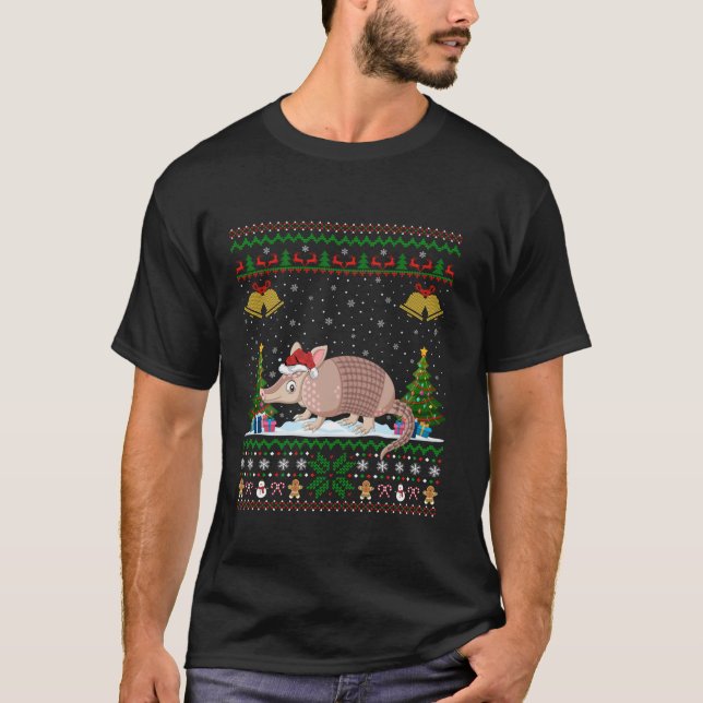 Ugly Xmas Tree Lights Santa Hat Armadillo Christma T-Shirt (Front)