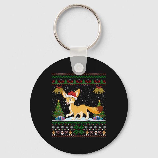 Ugly Xmas Tree Lights Santa Hat Fennec Fox Christm Key Ring (Front)