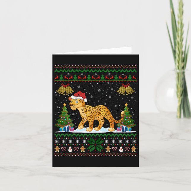 Ugly Xmas Tree Lights Santa Hat Leopard Christmas  Card (Front)