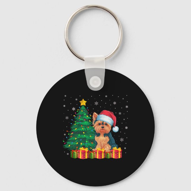 Ugly Yorkie Santa Hat Christmas Lights Dog Lover X Key Ring (Front)