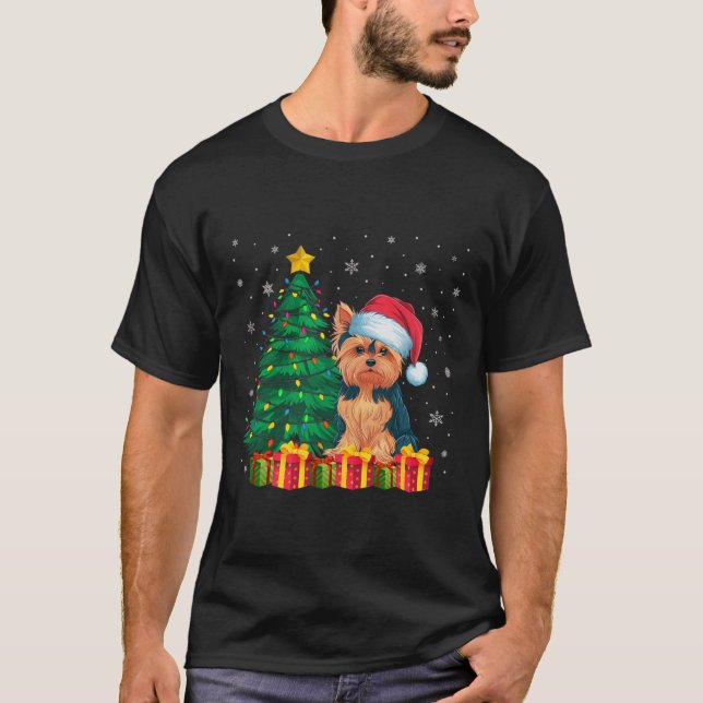 Ugly Yorkie Santa Hat Christmas Lights Dog Lover X T-Shirt (Front)