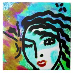 Uh Huh Colorful Abstract Portrait of a Woman Tile