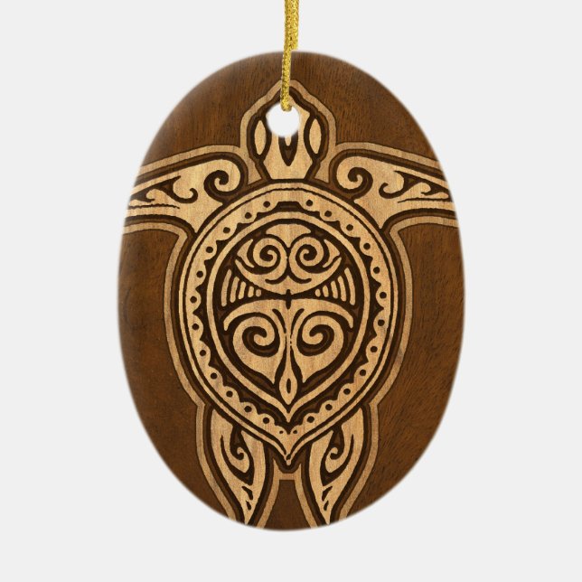 Uhane Honu Faux Wood Hawaiian Turtle Ceramic Tree Decoration (Front)