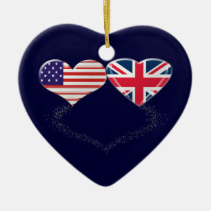 UK and USA Hearts Flag and Ticker tape Ceramic Tree Decoration