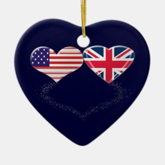 UK and USA Hearts Flag and Ticker tape Christmas Ornament