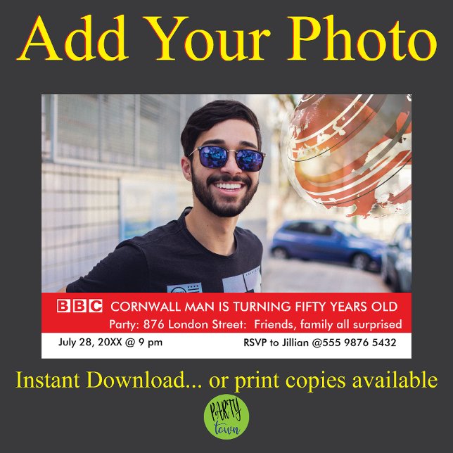 UK British Funny 50th Birthday Fake News Invitation (BBC 1 BBC 2 BBC 3 BBC 4)