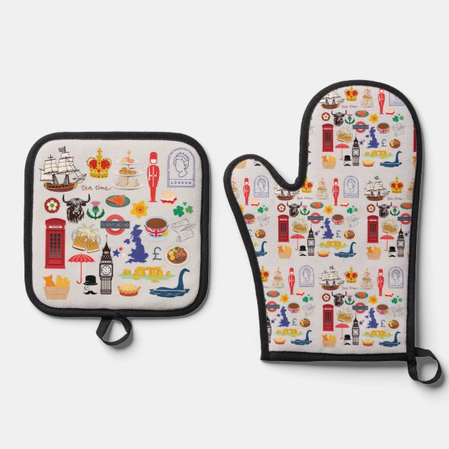  UK British Symbols Oven Mitt & Pot Holder Set (Front)