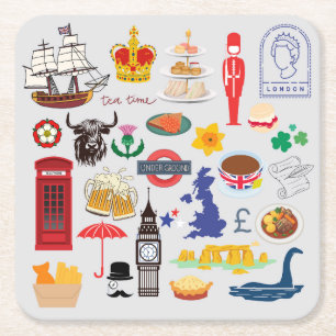 UK British Symbols Square Paper Coaster