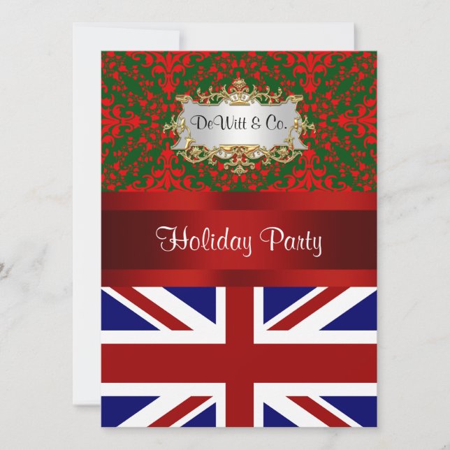 UK England Flag Christmas Holiday Damask 2 V Party Invitation (Front)