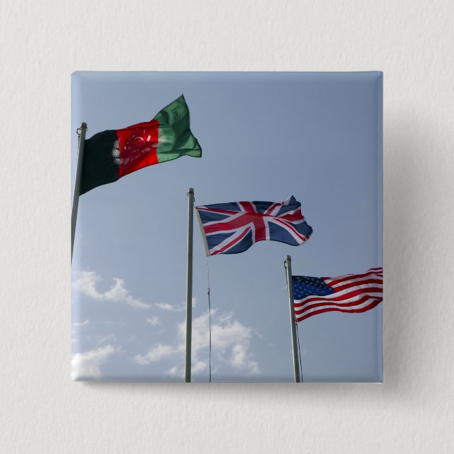UK Flag between the Afghan and US flags 15 Cm Square Badge (Front)