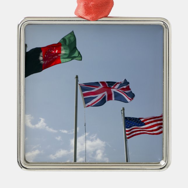 UK Flag between the Afghan and US flags Metal Tree Decoration (Front)