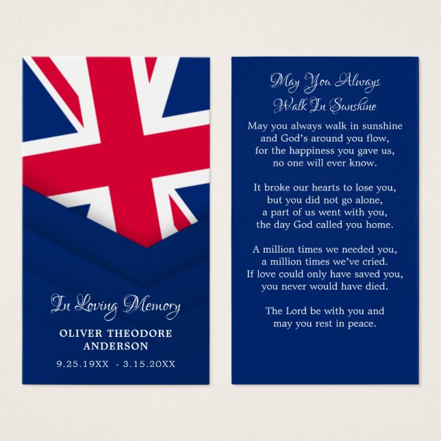 UK Flag British Memorial Funeral Prayer Card (Front & Back)