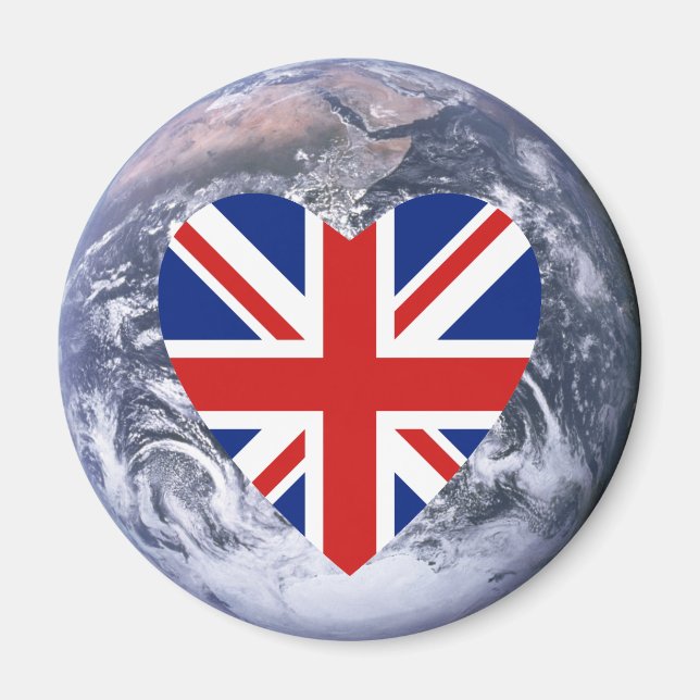 UK Flag Heart over Planet Earth Magnet (Front)