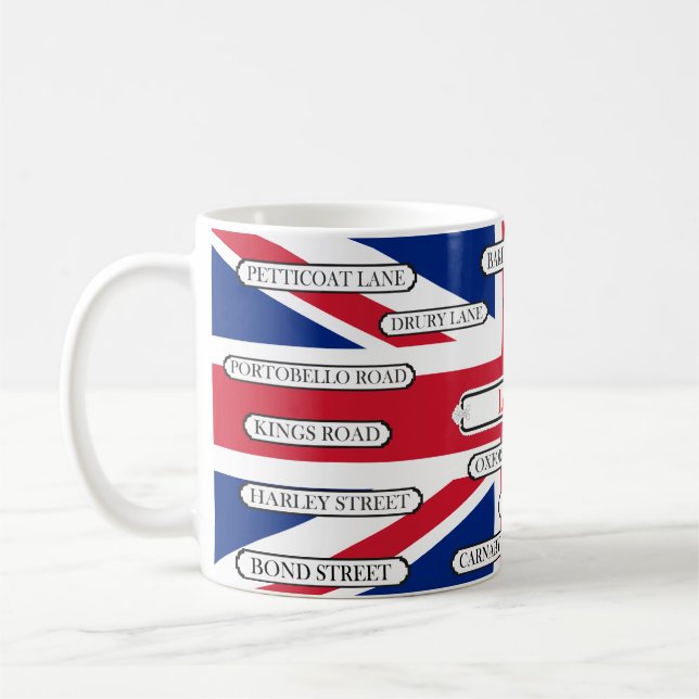 UK Flag & London Famous Street Names Coffee Mug (Left)