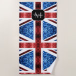 UK flag red and blue sparkles glitters Monogram Beach Towel<br><div class="desc">Personalise unique sparkly beach towel with your initial and name. 
Sparkly UK United Kingdom flag in red and blue faux sparkles & glitters. We use photo of sparkles and not actual glitters.</div>