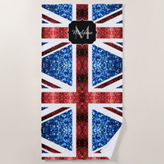 UK flag red and blue sparkles glitters Monogram Beach Towel