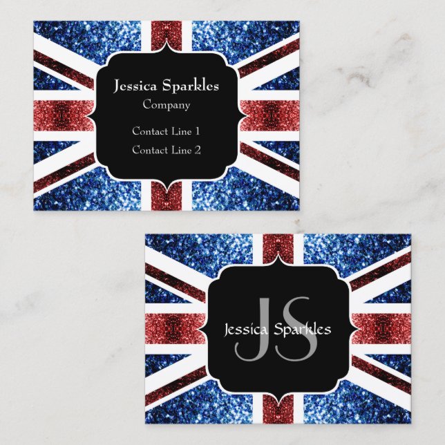 UK flag red and blue sparkles glitters Monogram Business Card (Front/Back)