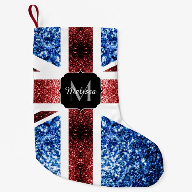 UK flag red and blue sparkles glitters Monogram Small Christmas Stocking (Front)
