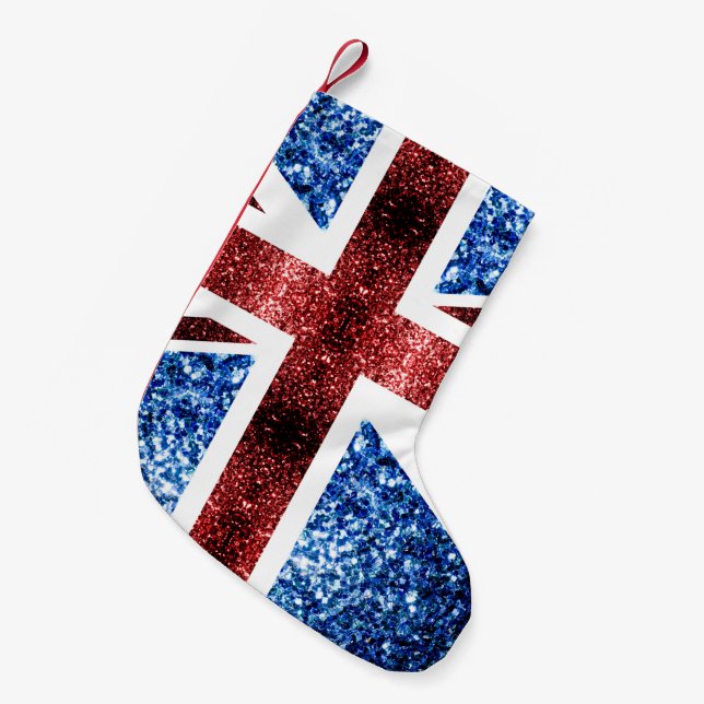 UK flag red and blue sparkles glitters Small Christmas Stocking (Front (Hanging))