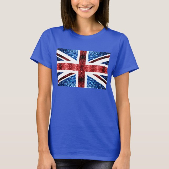 UK flag red and blue sparkles glitters T-Shirt (Front)