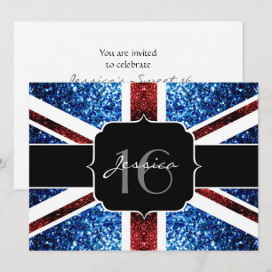 UK flag red blue sparkles glitter Sweet 16 invite