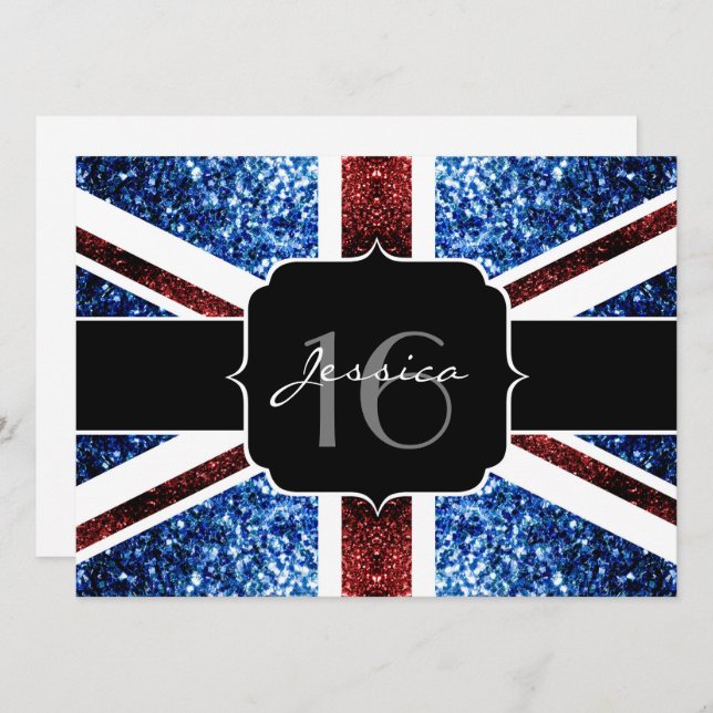 UK flag red blue sparkles glitter Sweet 16 invite (Front/Back)