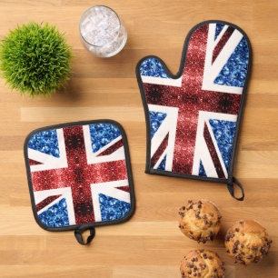 UK flag red blue sparkles glitters faux bling Oven Mitt & Pot Holder Set