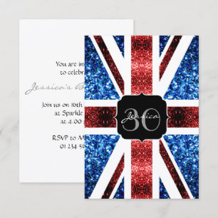 UK flag red blue sparkles glitters Monogram Invite