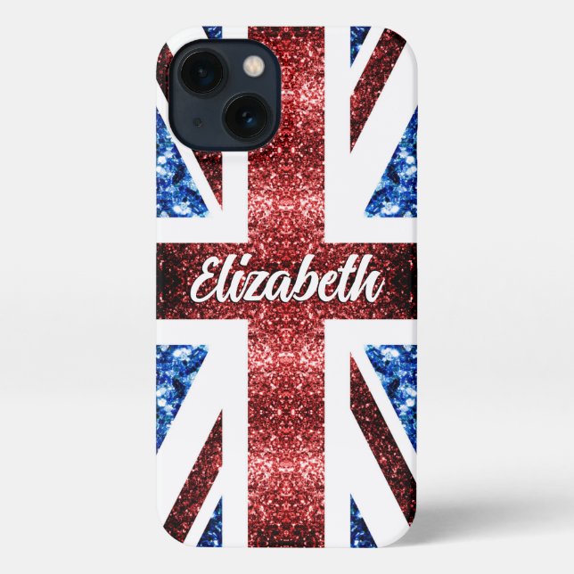 UK flag red blue sparkles glitters Monogram name iPhone Case (Back)