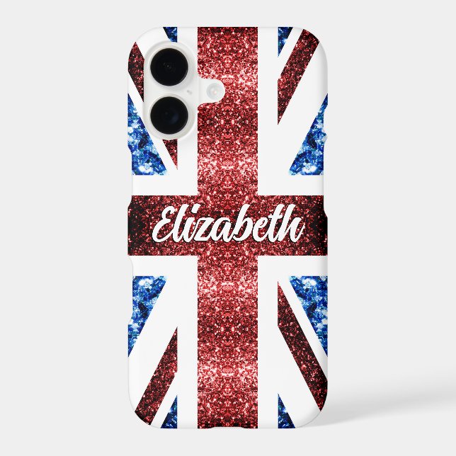 UK flag red blue sparkles glitters Monogram name iPhone Case (Back)