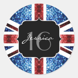 UK flag red blue sparkles glitters Sweet 16 Classic Round Sticker