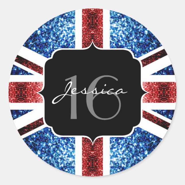UK flag red blue sparkles glitters Sweet 16 Classic Round Sticker (Front)