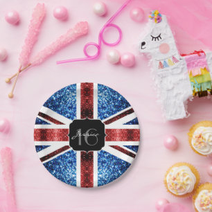 UK flag red blue sparkles glitters Sweet 16 Paper Plate