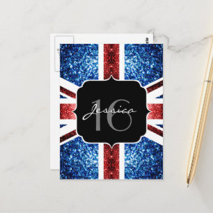 UK flag red blue sparkles glitters Sweet 16 Postcard