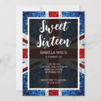 UK flag red blue white sparkles elegant Sweet 16