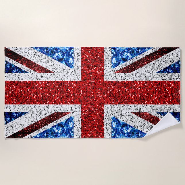 UK flag red blue white sparkles glitters Beach Towel (Front)