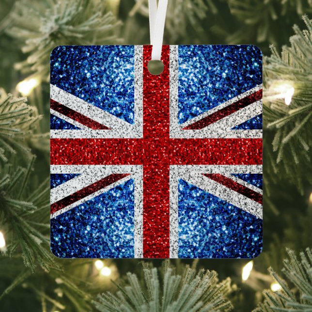 UK flag red blue white sparkles glitters Metal Tree Decoration (Insitu)
