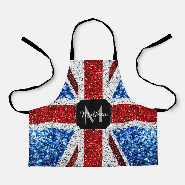 UK flag red blue white sparkles glitters Monogram Apron (Front)