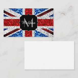 UK flag red blue white sparkles glitters Monogram Business Card