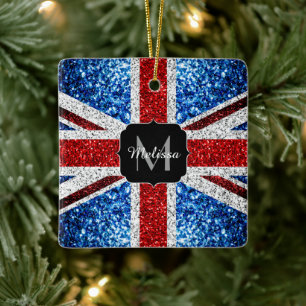 UK flag red blue white sparkles glitters Monogram Ceramic Ornament