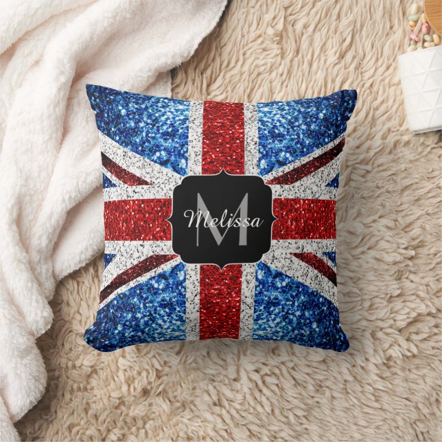UK flag red blue white sparkles glitters Monogram Cushion (Blanket)
