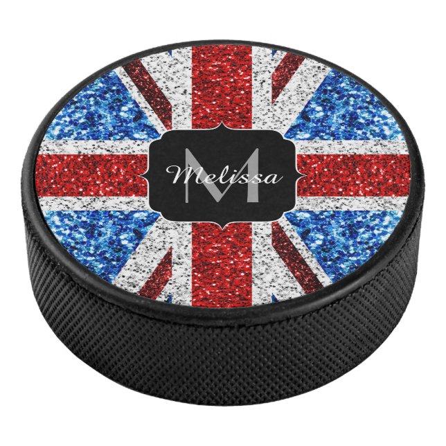 UK flag red blue white sparkles glitters Monogram Hockey Puck (3/4)