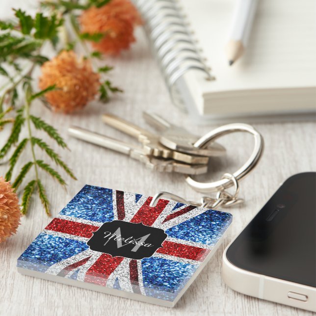 UK flag red blue white sparkles glitters Monogram Key Ring (Front Right)