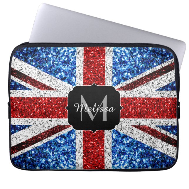 UK flag red blue white sparkles glitters Monogram Laptop Sleeve (Front)