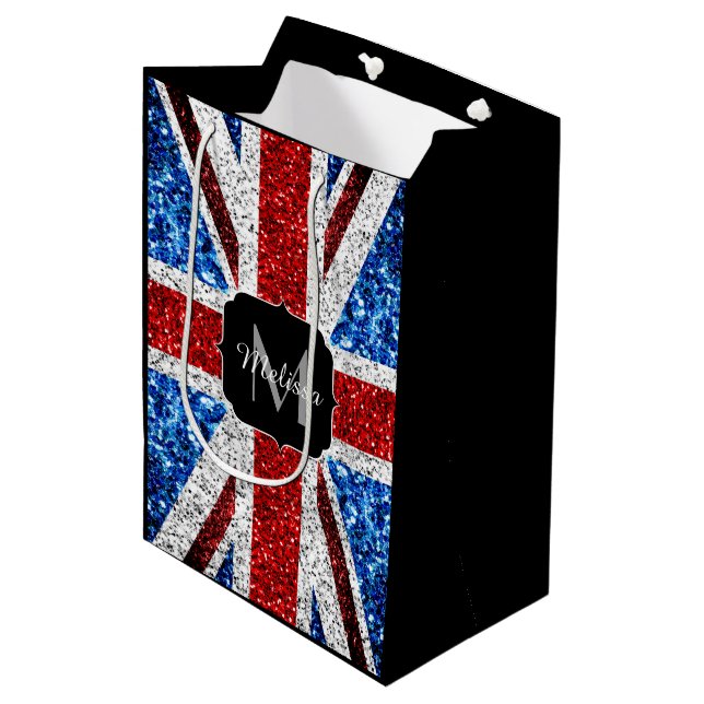 UK flag red blue white sparkles glitters Monogram Medium Gift Bag (Front Angled)