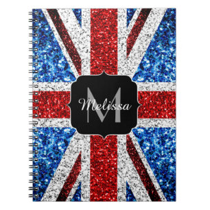 UK flag red blue white sparkles glitters Monogram Notebook