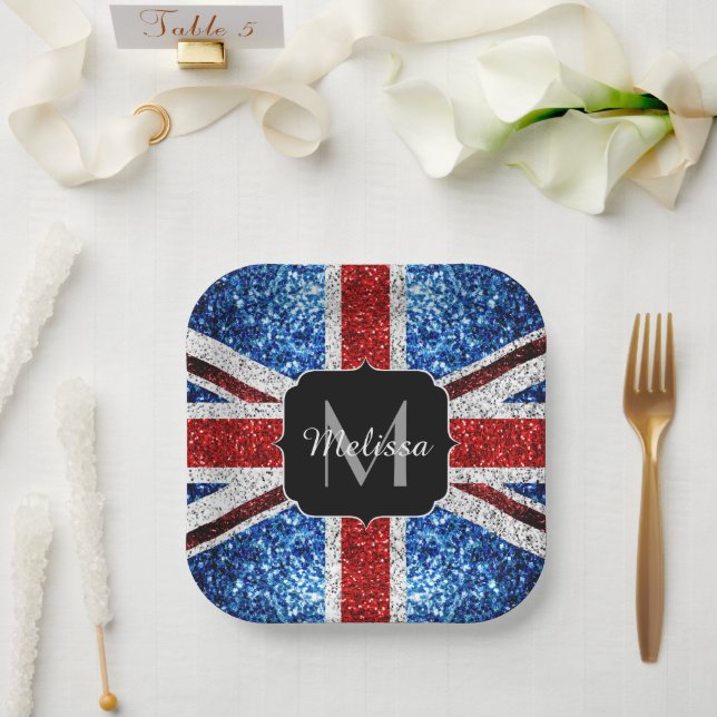 UK flag red blue white sparkles glitters Monogram Paper Plate (Wedding)