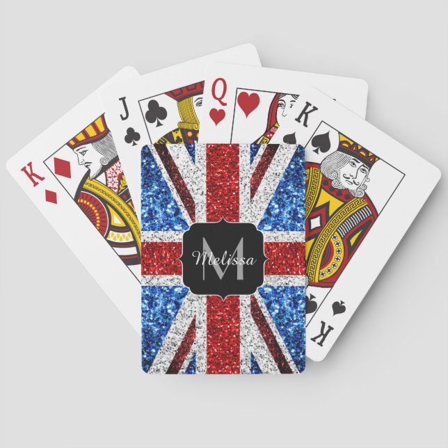 UK flag red blue white sparkles glitters Monogram Playing Cards (Back)