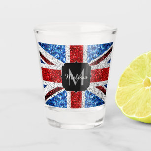 UK flag red blue white sparkles glitters Monogram Shot Glass