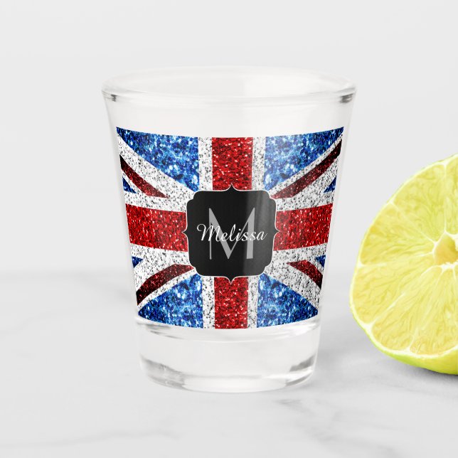 UK flag red blue white sparkles glitters Monogram Shot Glass (Front)